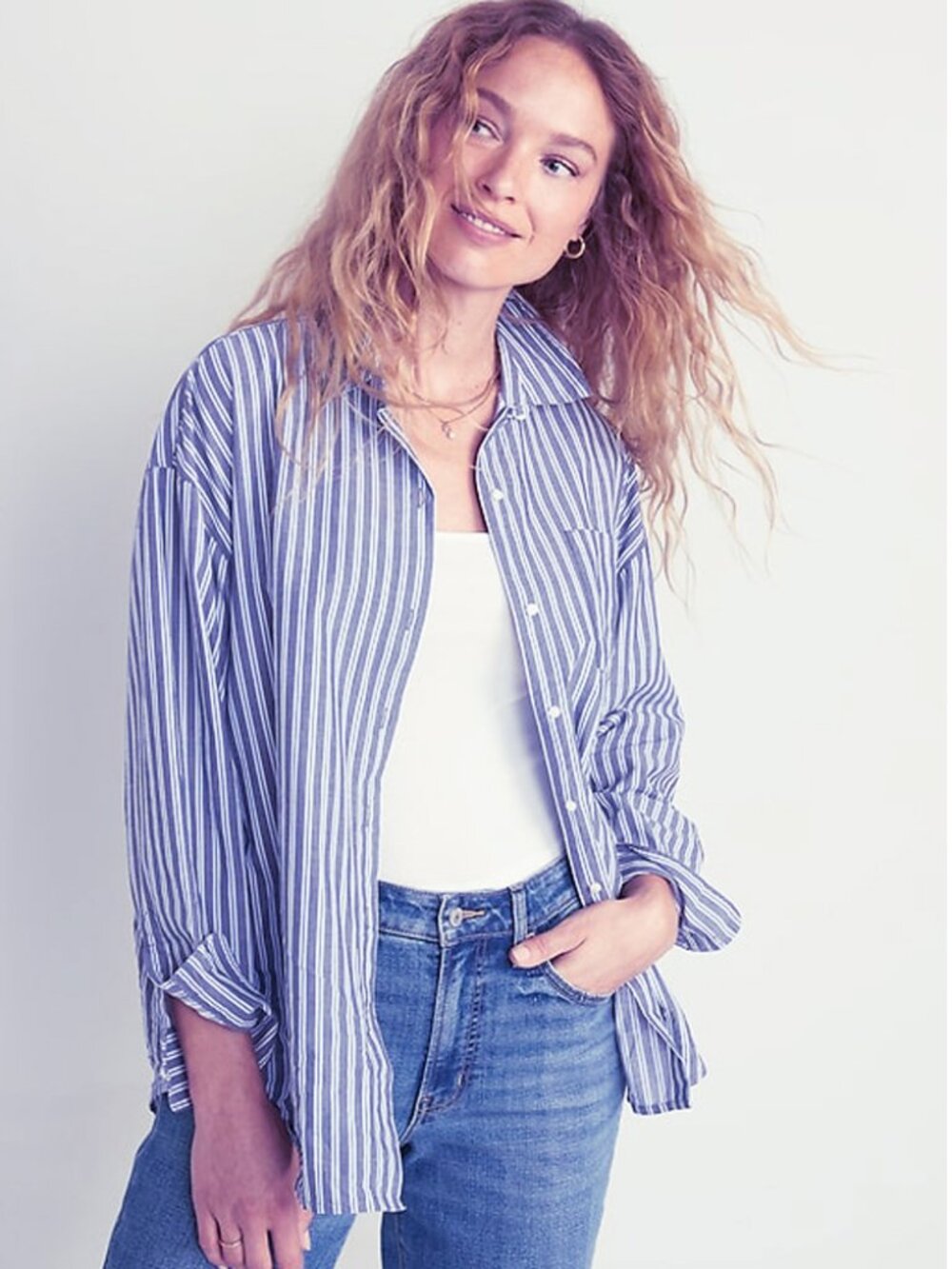 OLD Navy The Boyfriend Shirt Lobelia Blue Stripe Long Sleeve Button Down Shirt M